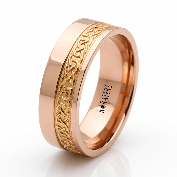 Two Tone Celtic Patterned Men's Solid Gold Band RG