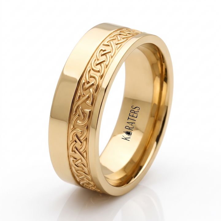 Two Tone Celtic Patterned Men's Solid Gold Band YG