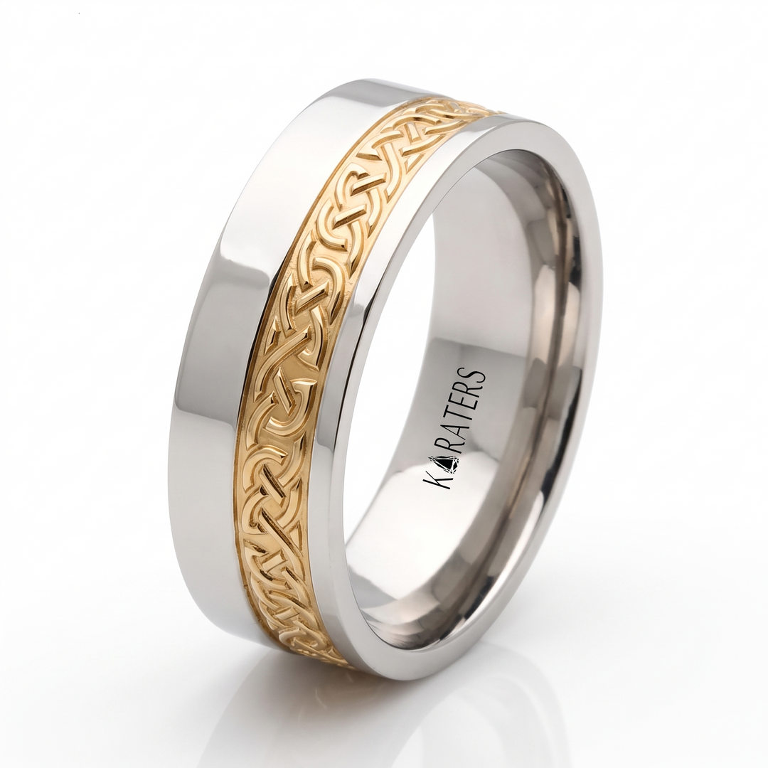 Two Tone Celtic Patterned Men's Solid Gold Band WG