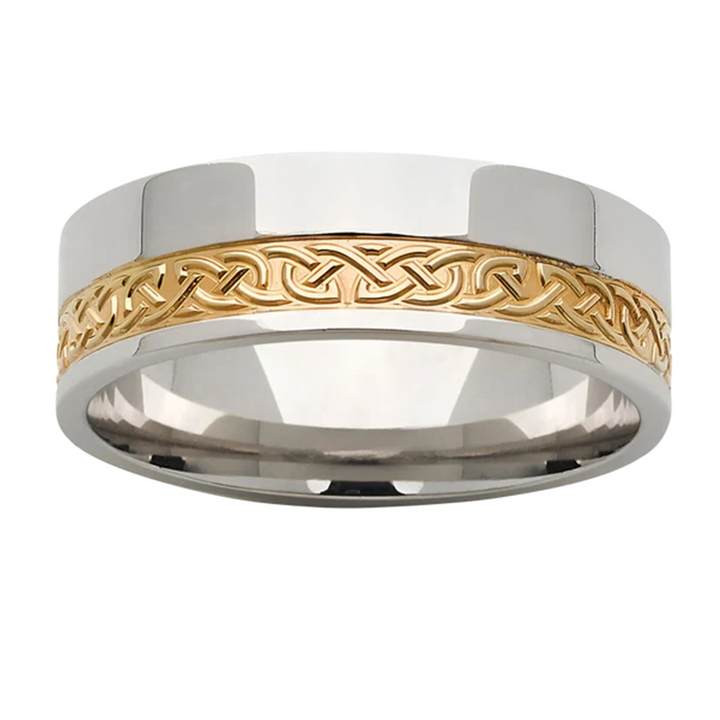 Two Tone Celtic Patterned Men's Solid Gold Band WG 2