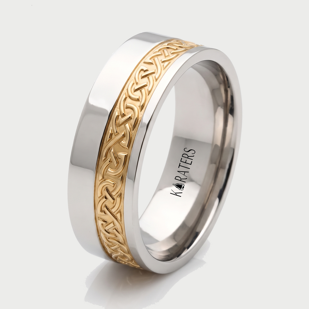 Two Tone Celtic Patterned Men's Solid Gold Band