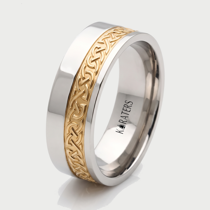 Two Tone Celtic Patterned Men's Solid Gold Band