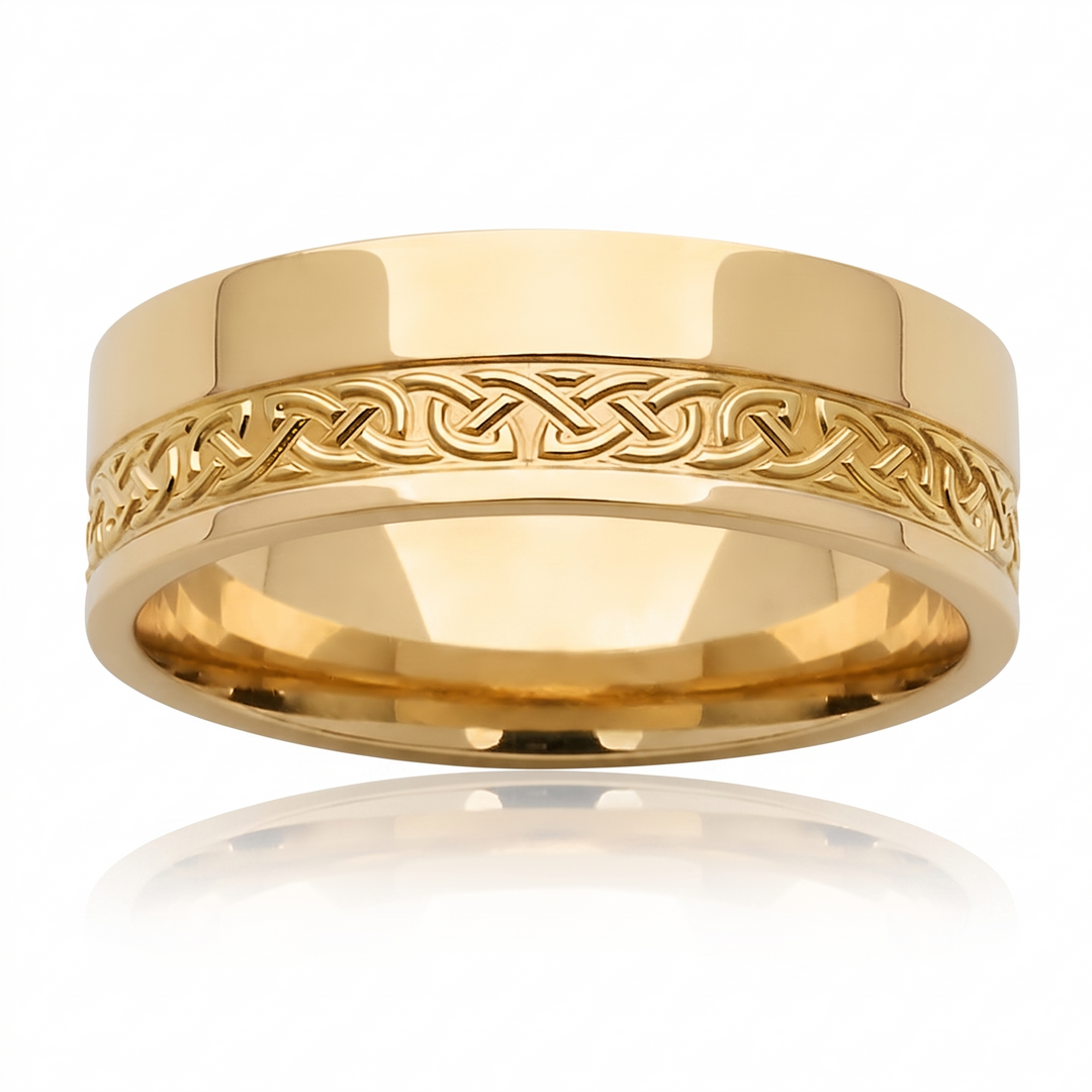 Two Tone Celtic Patterned Men's Solid Gold Band YG 2