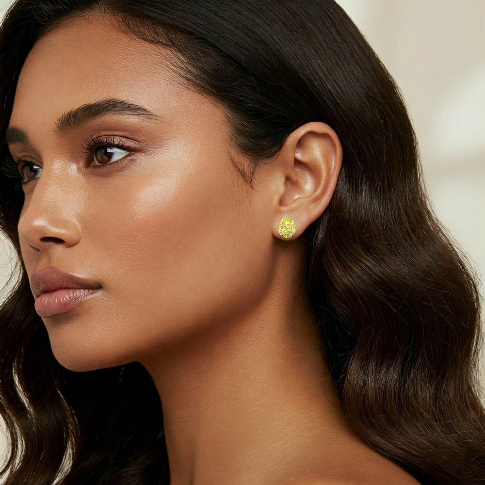 Fancy Yellow Pear Shape Lab Grown Diamond Studs WG lifestyle
