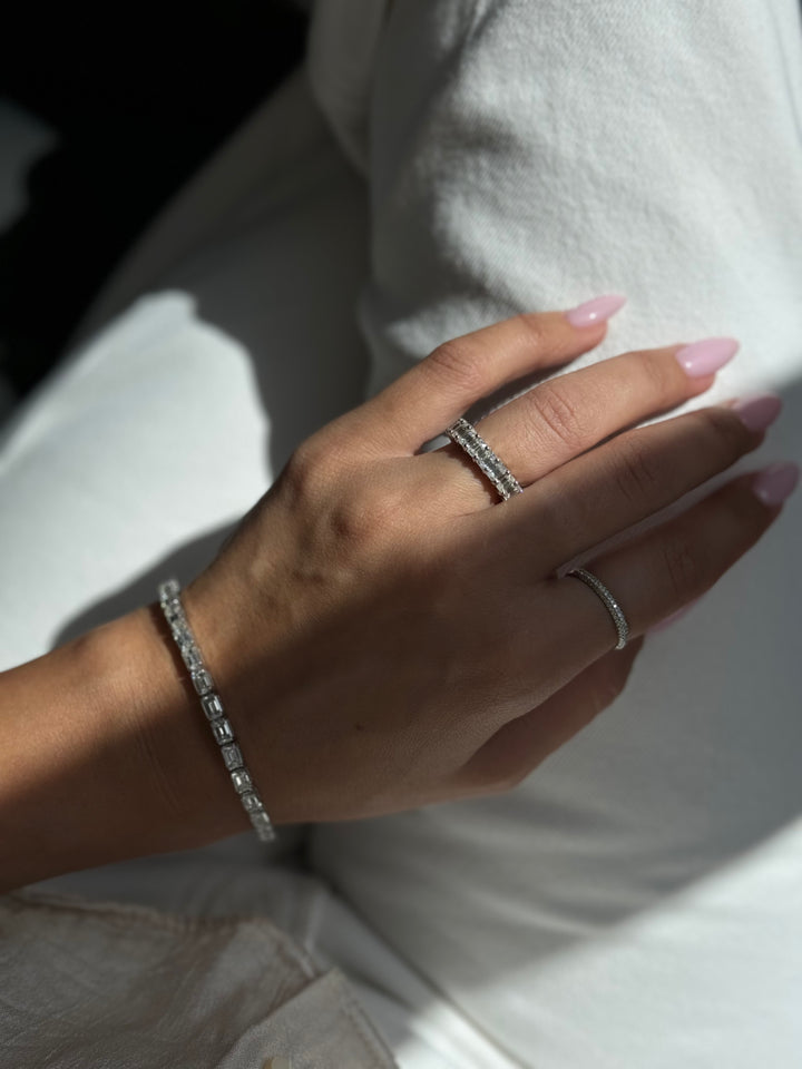 Cartagena-Emerald Lab White Gold Diamond Eternity Band, Female Hand