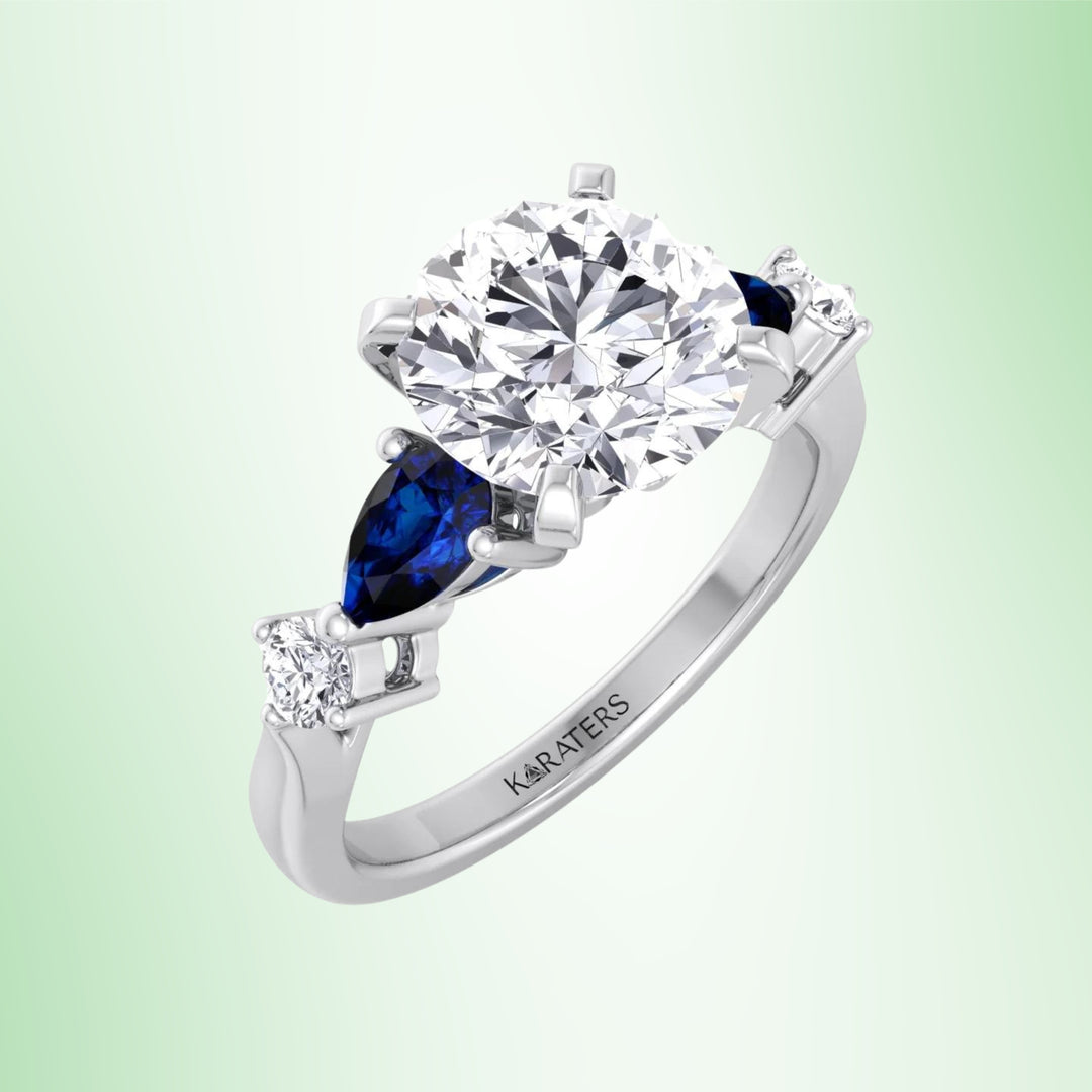 Cerulea - Round Lab Diamond Engagement Ring Blue Sapphire Pear Sidestones