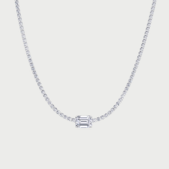 (10.75CT T.W) Classic LabDiamond Tennis Necklace Emerald Center Stone 14K Solid Gold