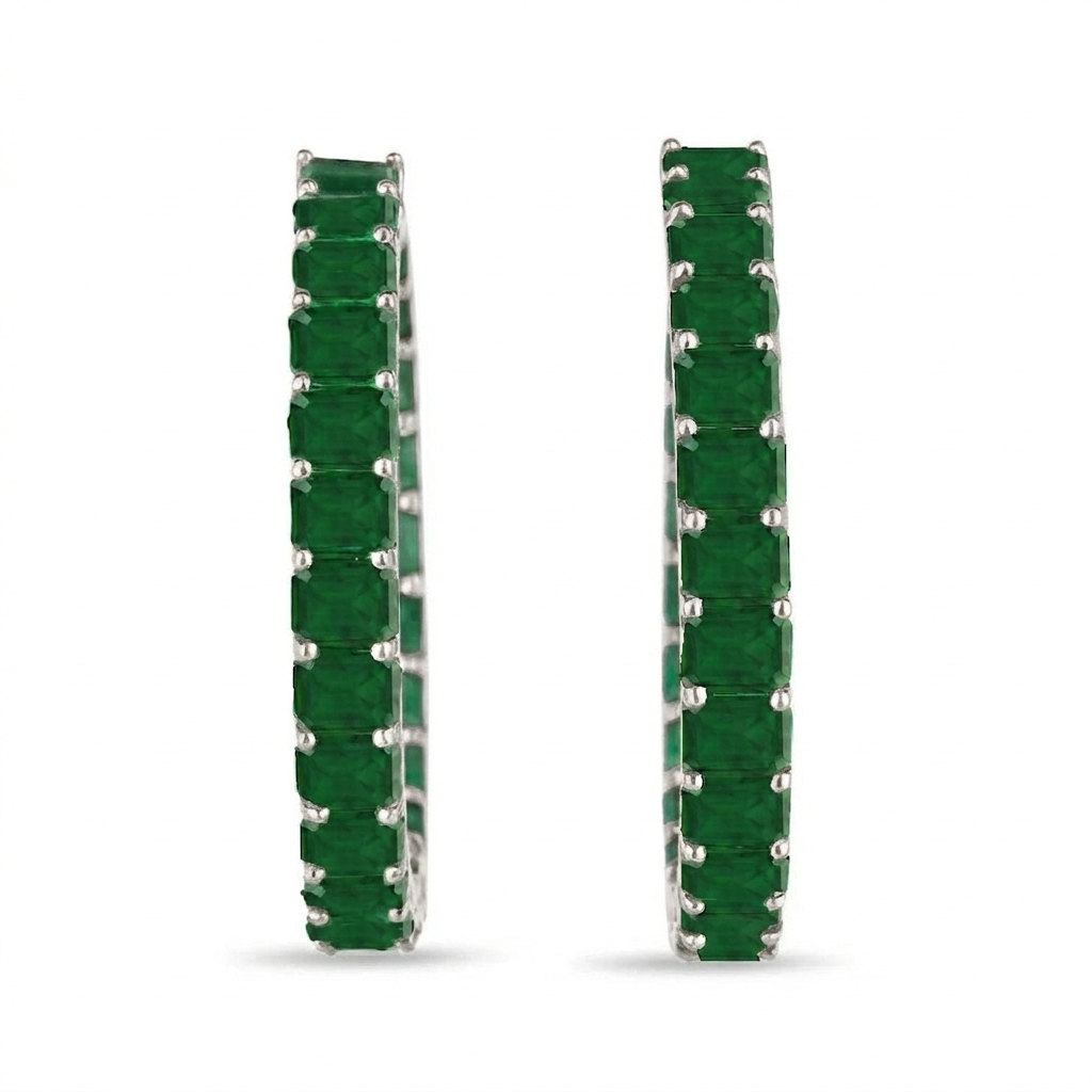 Green Emerald Lab Grown Diamond Hoop Earrings WG