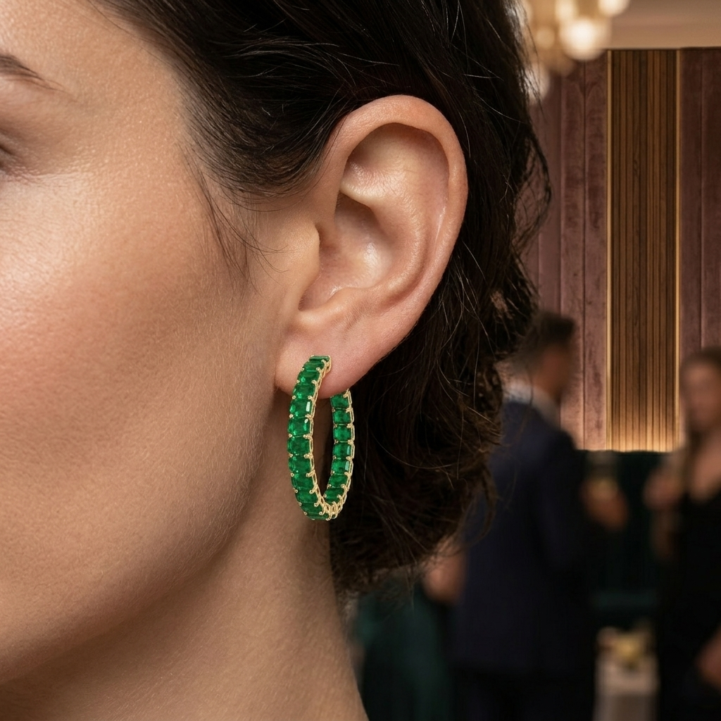 Green Emerald Lab Grown Diamond Hoop Earrings YG lifestyle