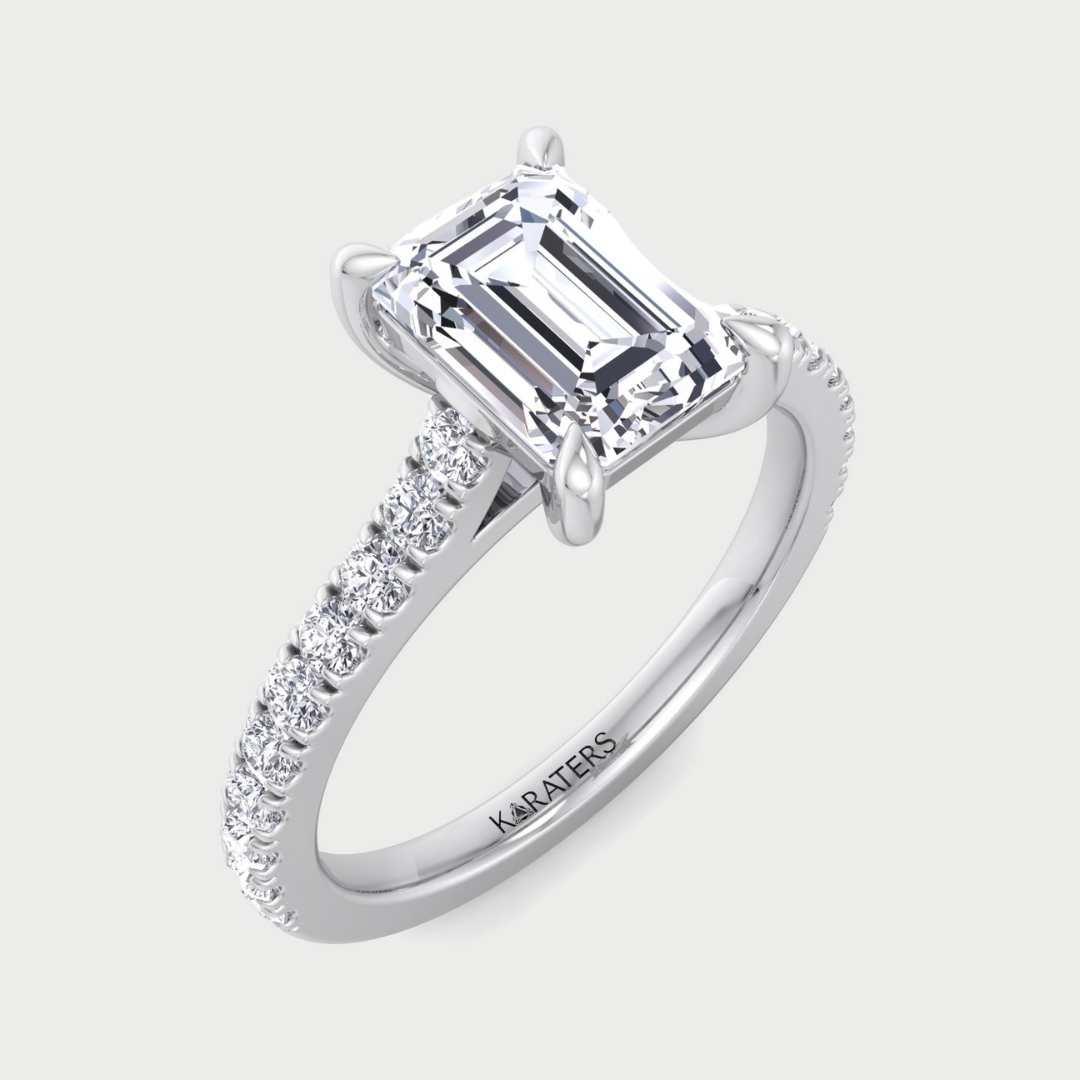 Emerald Lab Diamond Engagement Ring Cathedral Pave Band
