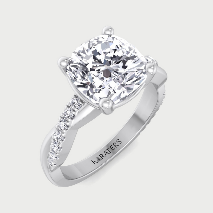 cushion cut lab-grown diamond engagement ring with twist band and side stones