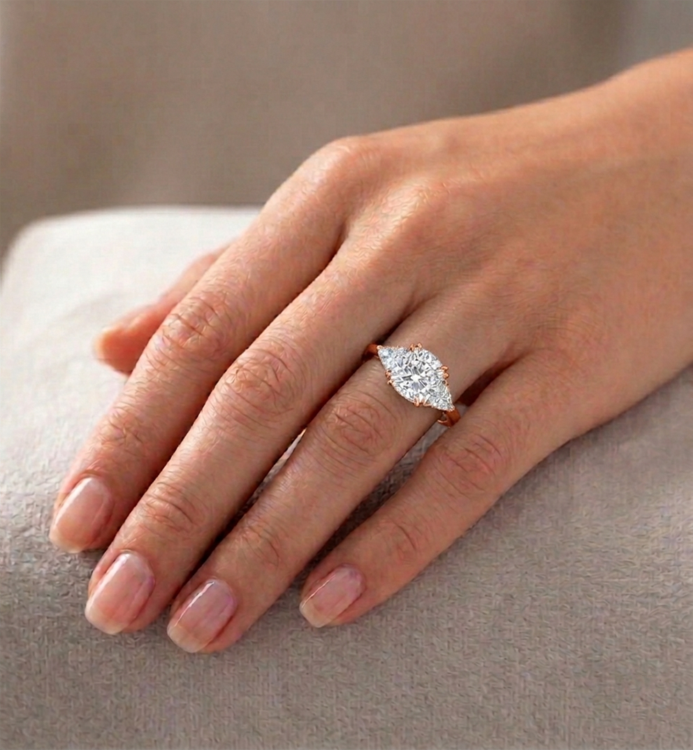 RG Cushion Cut Lab Diamond  Ring With Sidestone  lifestyle