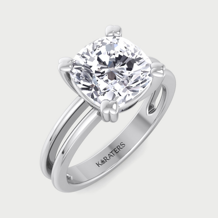 Cushion Cut Solitaire Lab Grown Diamond Engagement Ring with Double Band
