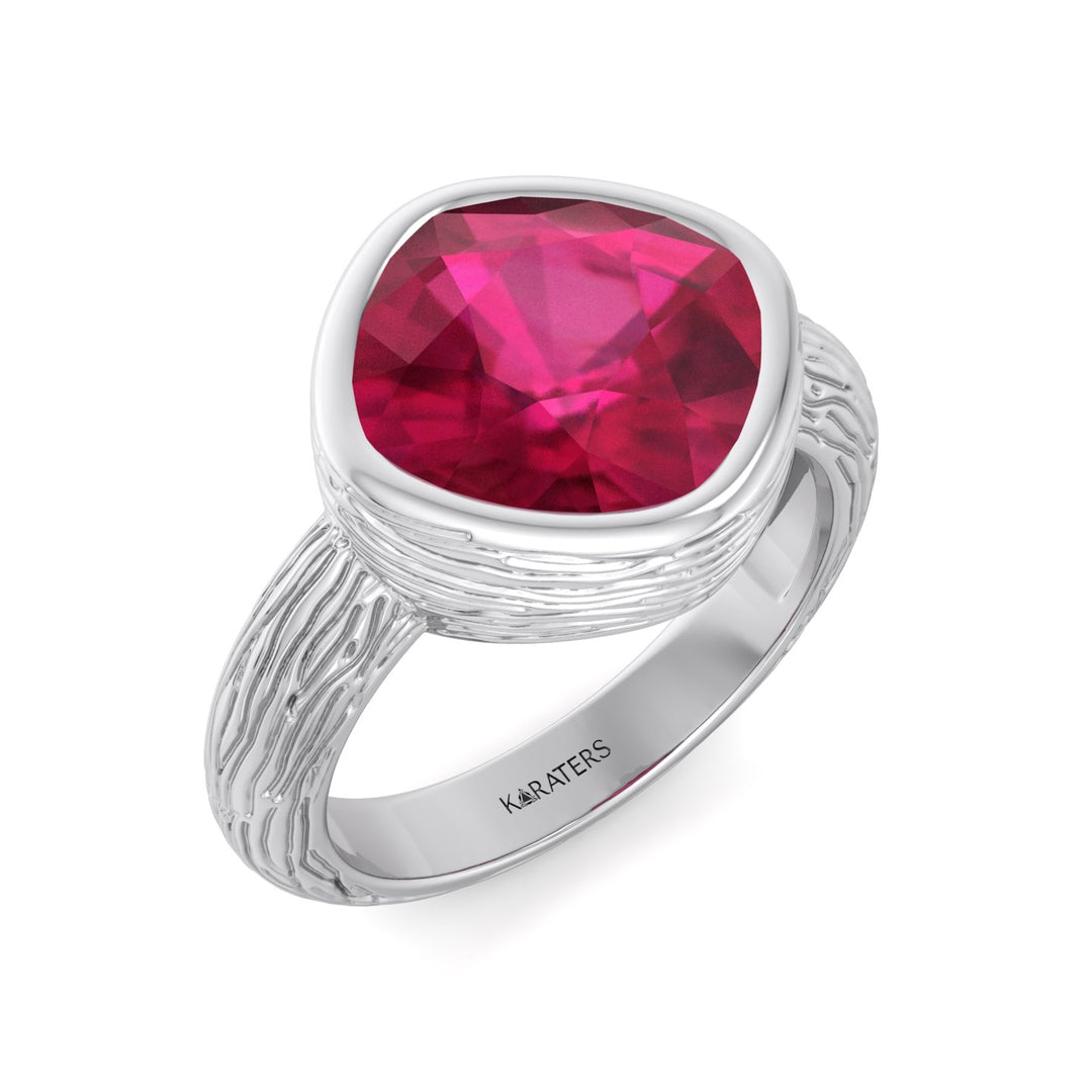 Cushion Cut Solitaire Lab Grown Ruby Engagement Ring White, Top Down