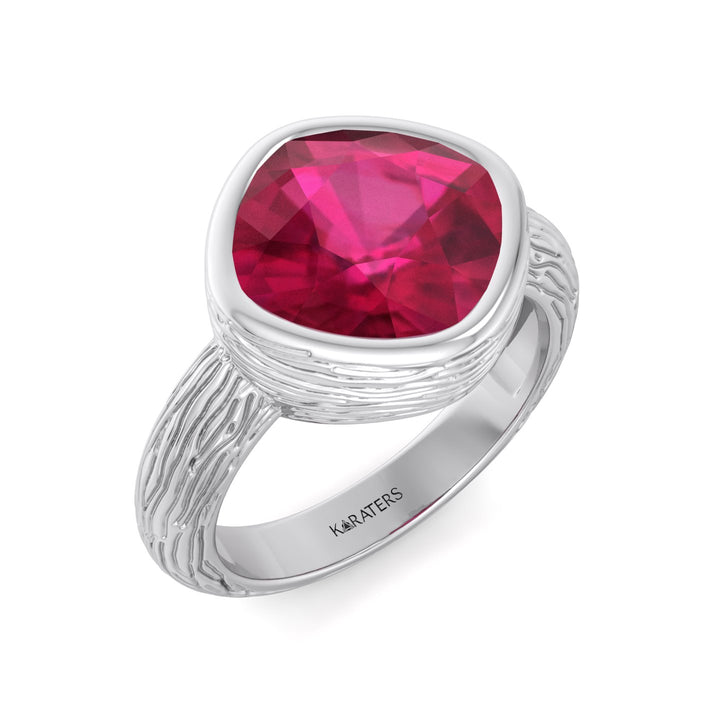 Cushion Cut Solitaire Lab Grown Ruby Engagement Ring White, Top Down