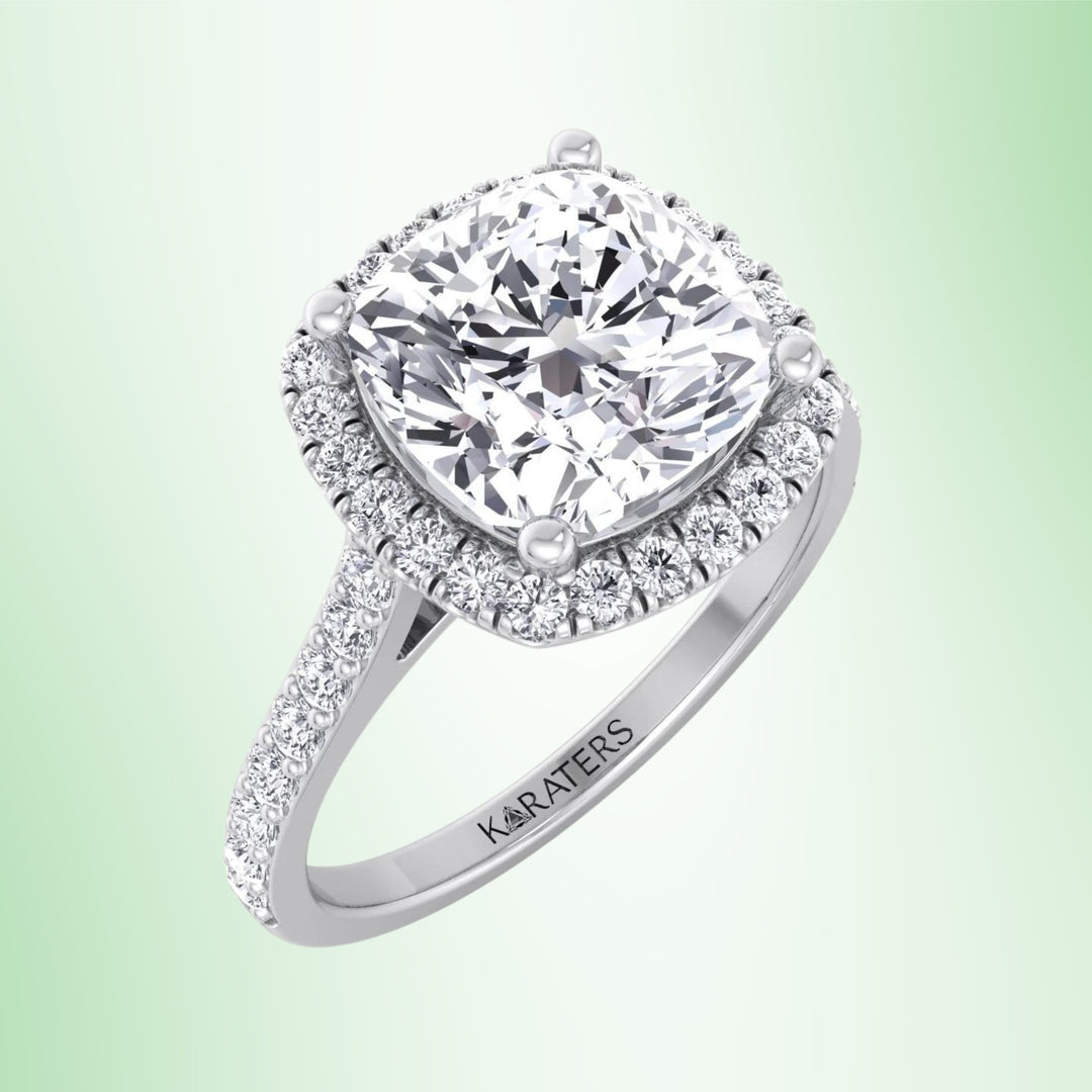 Cushion Halo Lab Diamond Engagement Ring Thick Pave Band