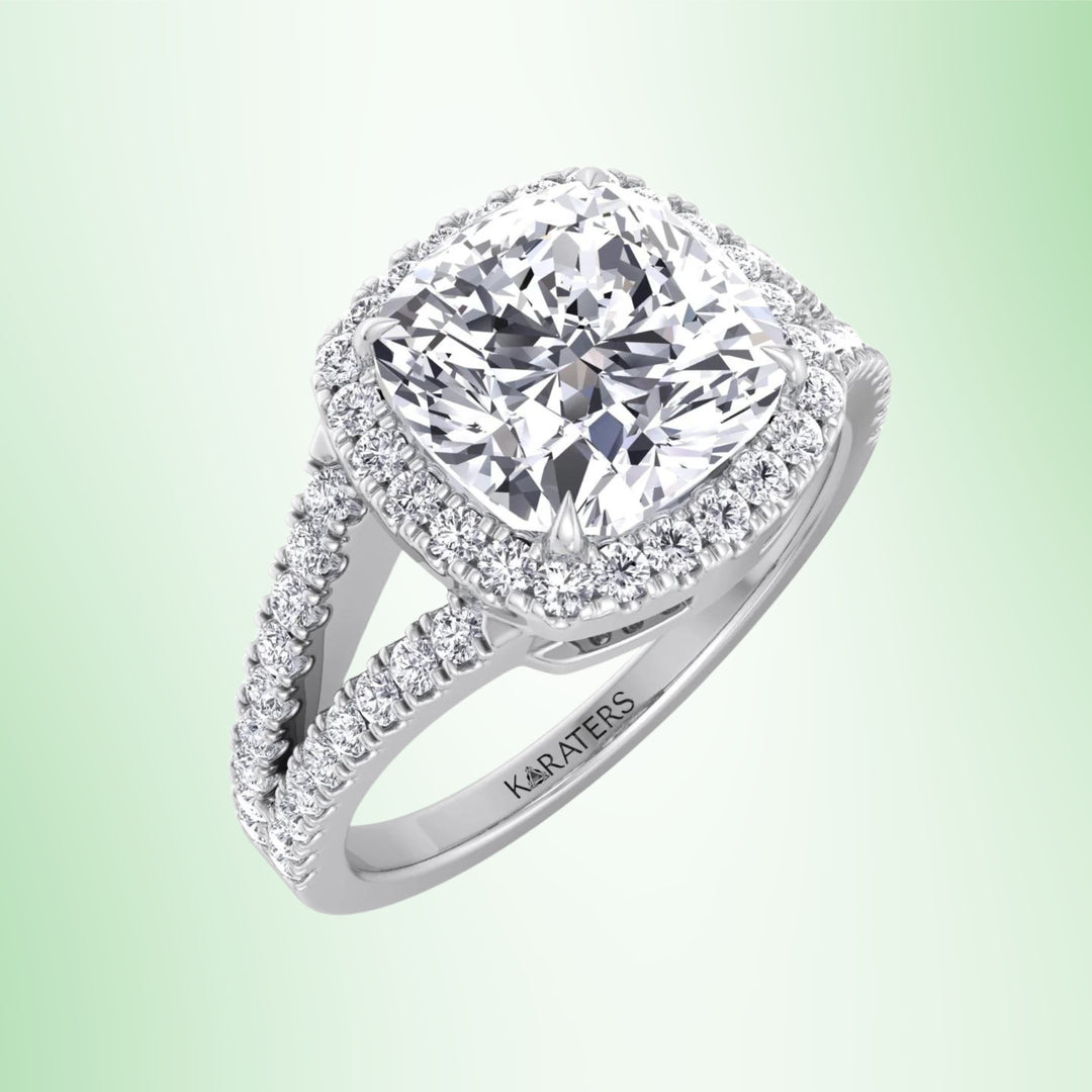 Cushion Lab Diamond Halo Engagement Ring Split Pave Band