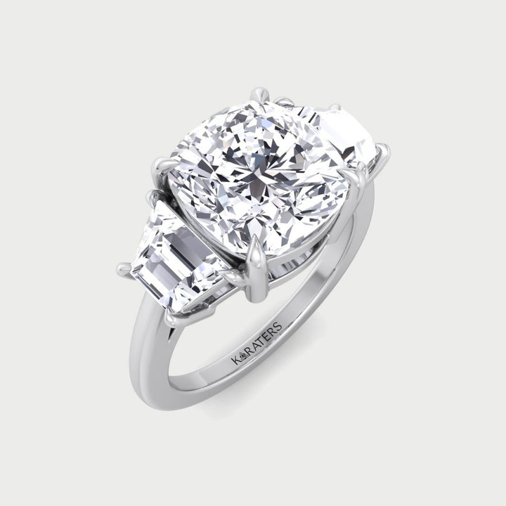 Cushion & Trapezoid Three Stone Lab-Diamond Engagement Ring
