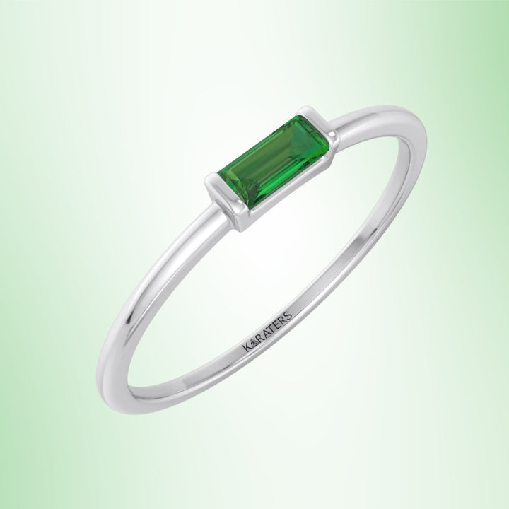 Dainty Green Emerald Baguette Solitaire Stackable Engagement Ring
