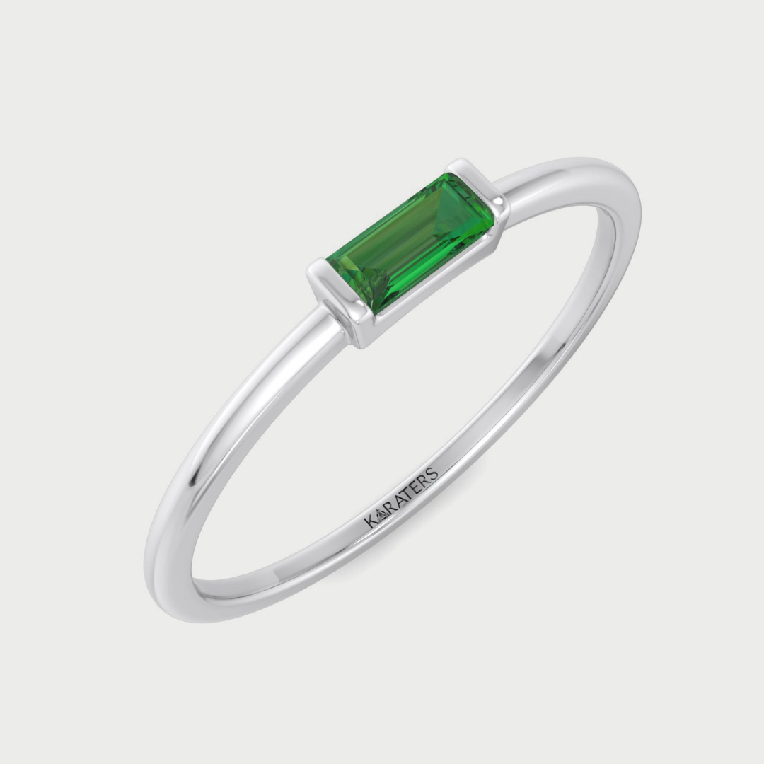 Dainty Green Emerald Baguette Solitaire Stackable Engagement Ring