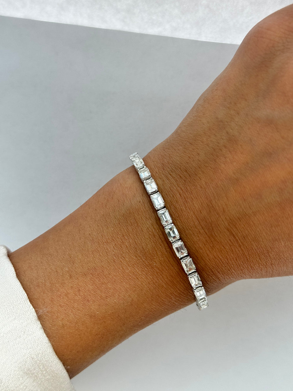 East To West Emerald Cut Lab Diamond Tennis Bracelet 14k Solid Gold