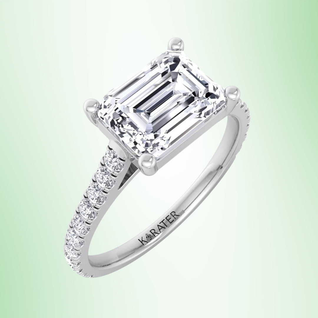 East To West Emerald Lab Diamond Engagement Ring With Side Stones