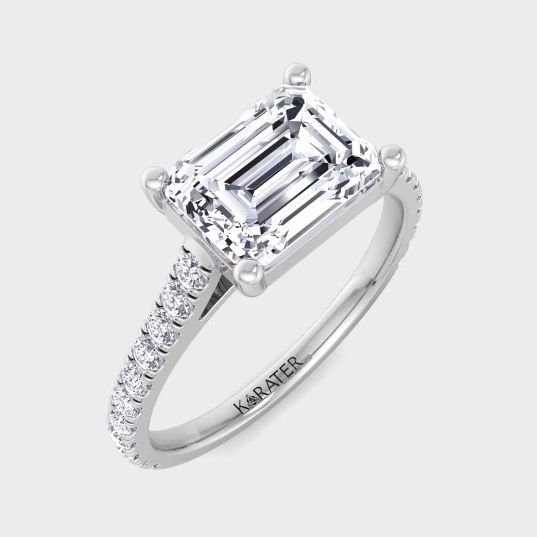 East To West Emerald Lab Diamond Engagement Ring With Side Stones