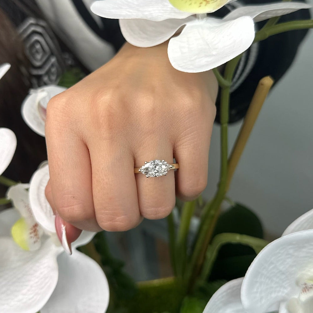 Echter-Marquise Cut Lab Yellow Gold Diamond East West Ring, Hand, Front