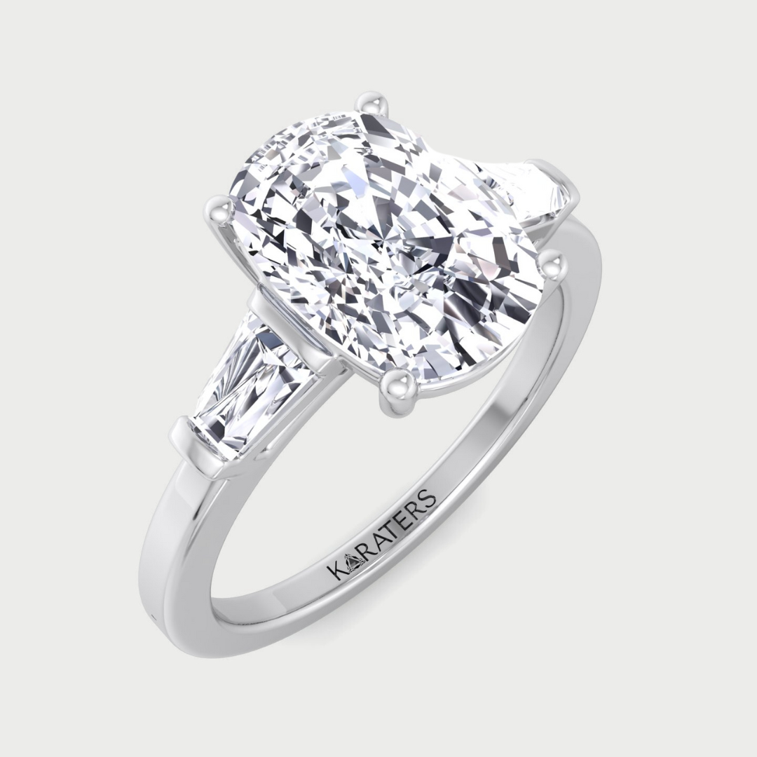 Elongated Cushion Cut Lab Grown Diamond Engagement Ring with Tapered Baguette Sidestones