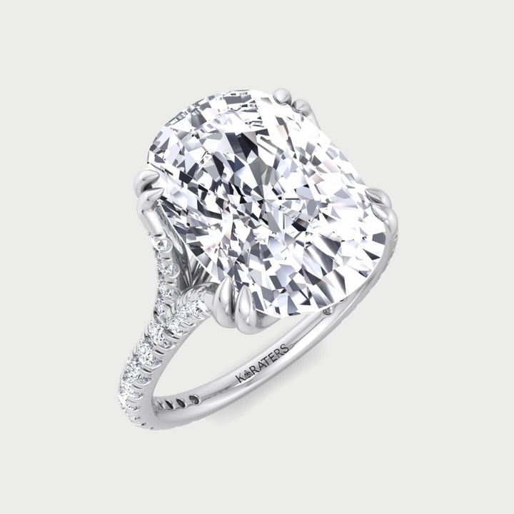 Elongated Cushion Shape Lab Grown Diamond Engagement Ring with Double Claw and Pave Band