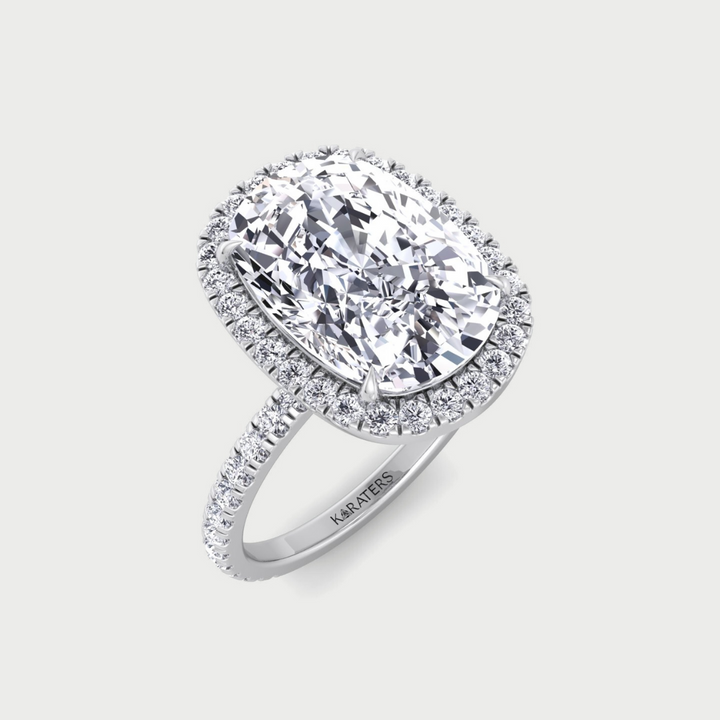 Elongated Cushion Shape Lab Grown Diamond Halo Engagement Ring with Round Sidestones