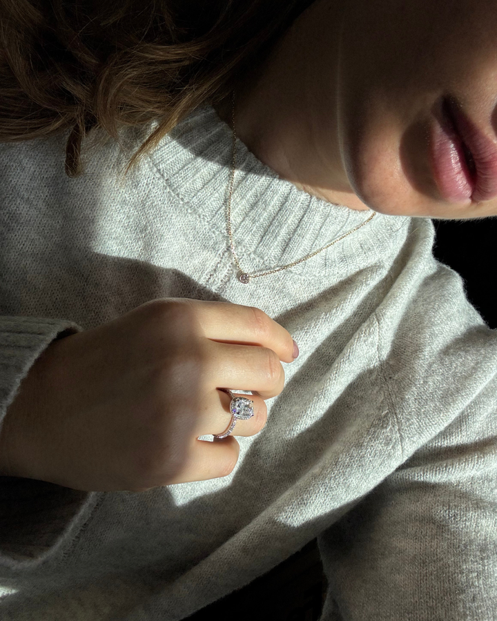 Elongated Cushion Shape Lab Grown Diamond Halo Engagement Ring with Round Sidestones