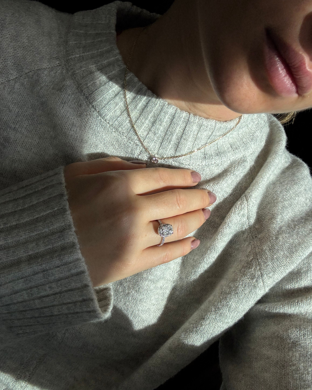 Elongated Cushion Shape Lab Grown Diamond Halo Engagement Ring with Round Sidestones