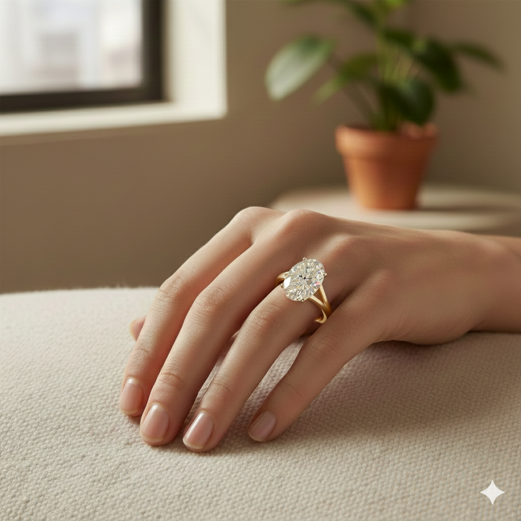 Oval Shape Lab-Grown Diamond Split Shank Engagement Ring yellow gold lifestye