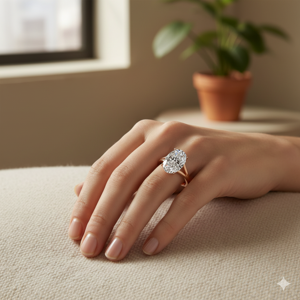 Oval Shape Lab-Grown Diamond Split Shank Engagement Ring rose gold lifestyle