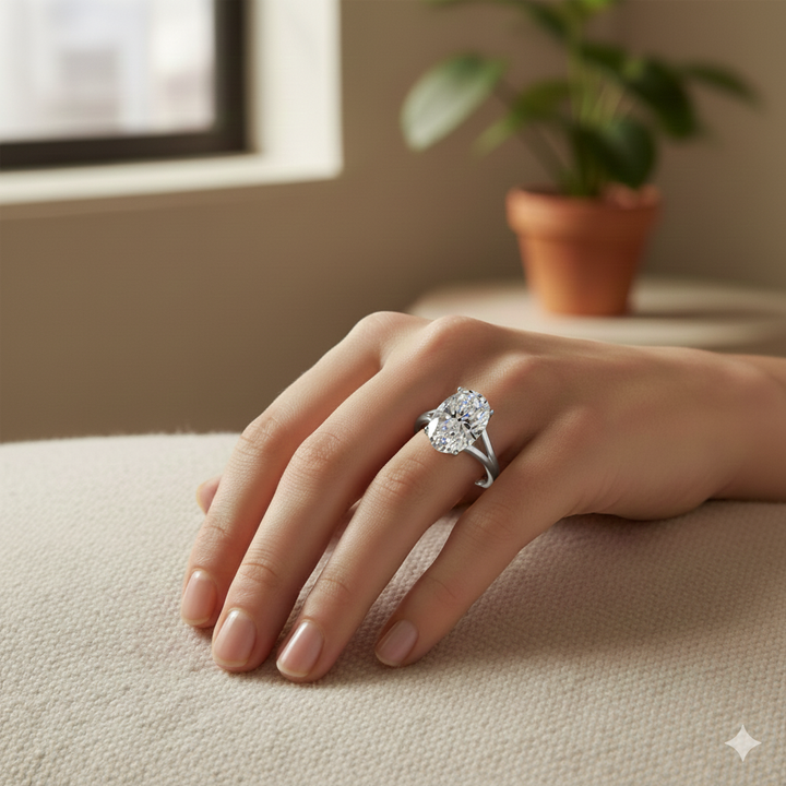 Oval Shape Lab-Grown Diamond Split Shank Engagement Ring white gold lifestye