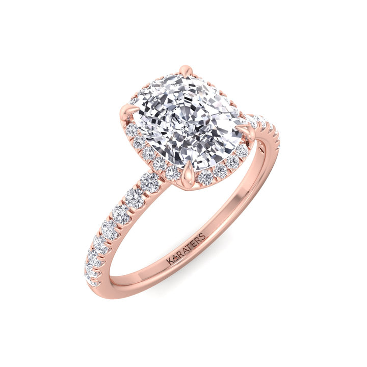 Elongated Cushion Lab Diamond Halo Ring Sidestones Rose Gold, Top Down