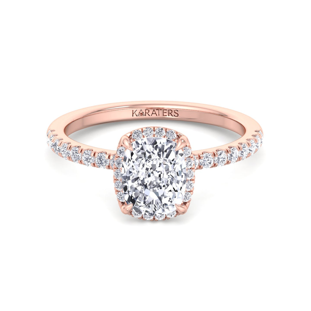 Elongated Cushion Lab Diamond Halo Rose Engagement Ring Sidestones, Front