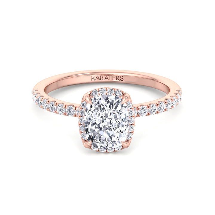 Elongated Cushion Lab Diamond Halo Rose Engagement Ring Sidestones, Front