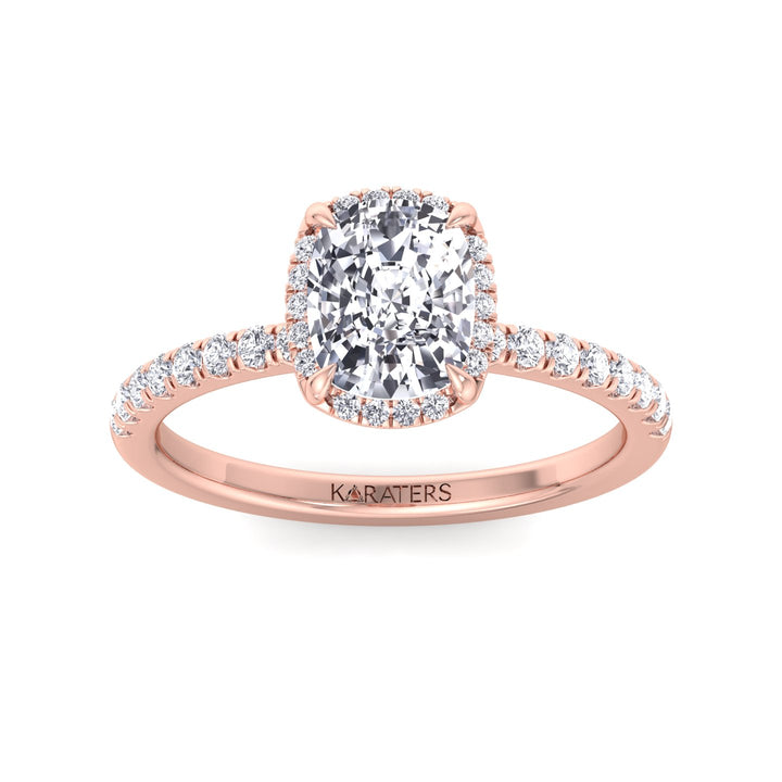 Elongated Cushion Lab Diamond Halo Rose Gold Ring, Front Top Down 