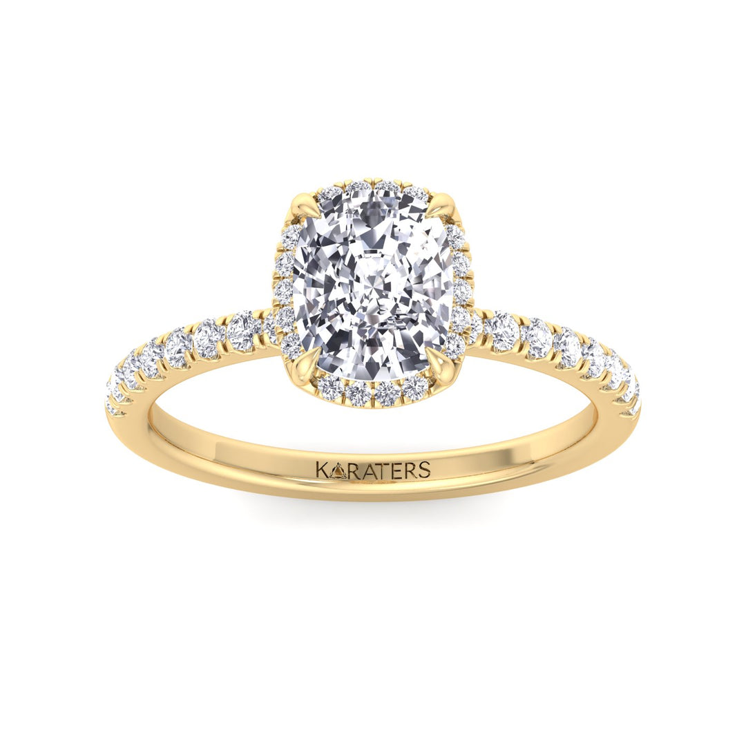 Elongated Cushion Lab Diamond Halo Yellow Gold Ring Sidestones, Top Down Front