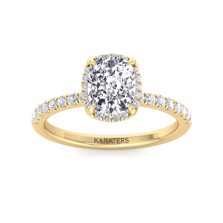 Elongated Cushion Lab Diamond Halo Yellow Gold Ring Sidestones, Top Down Front
