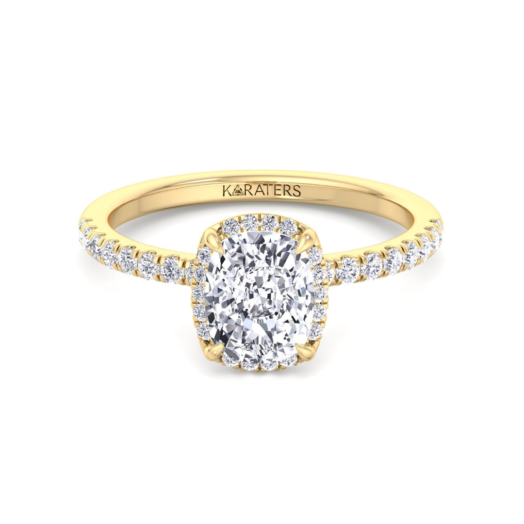Elongated Cushion Lab Diamond Halo Yellow Ring Sidestones, Front