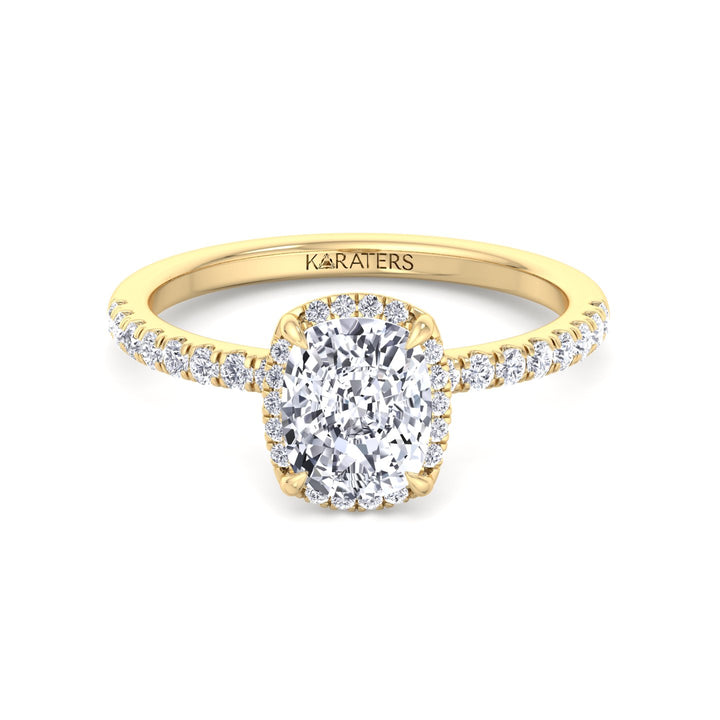 Elongated Cushion Lab Diamond Halo Yellow Ring Sidestones, Front