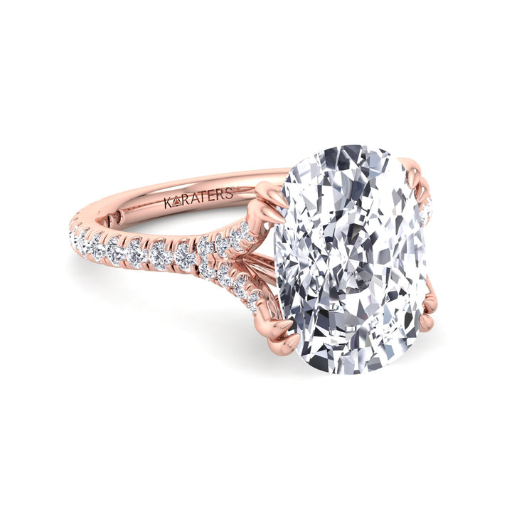 Elongated Cushion Lab Diamond Ring Double Pave Rose, Front Left 