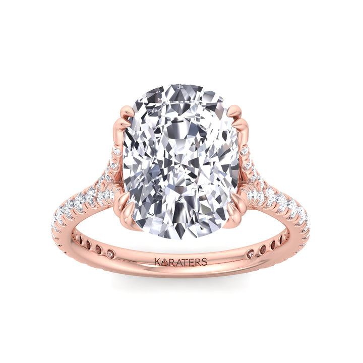 Elongated Cushion Lab Diamond Rose Gold Ring Double Pave, Front Top Down