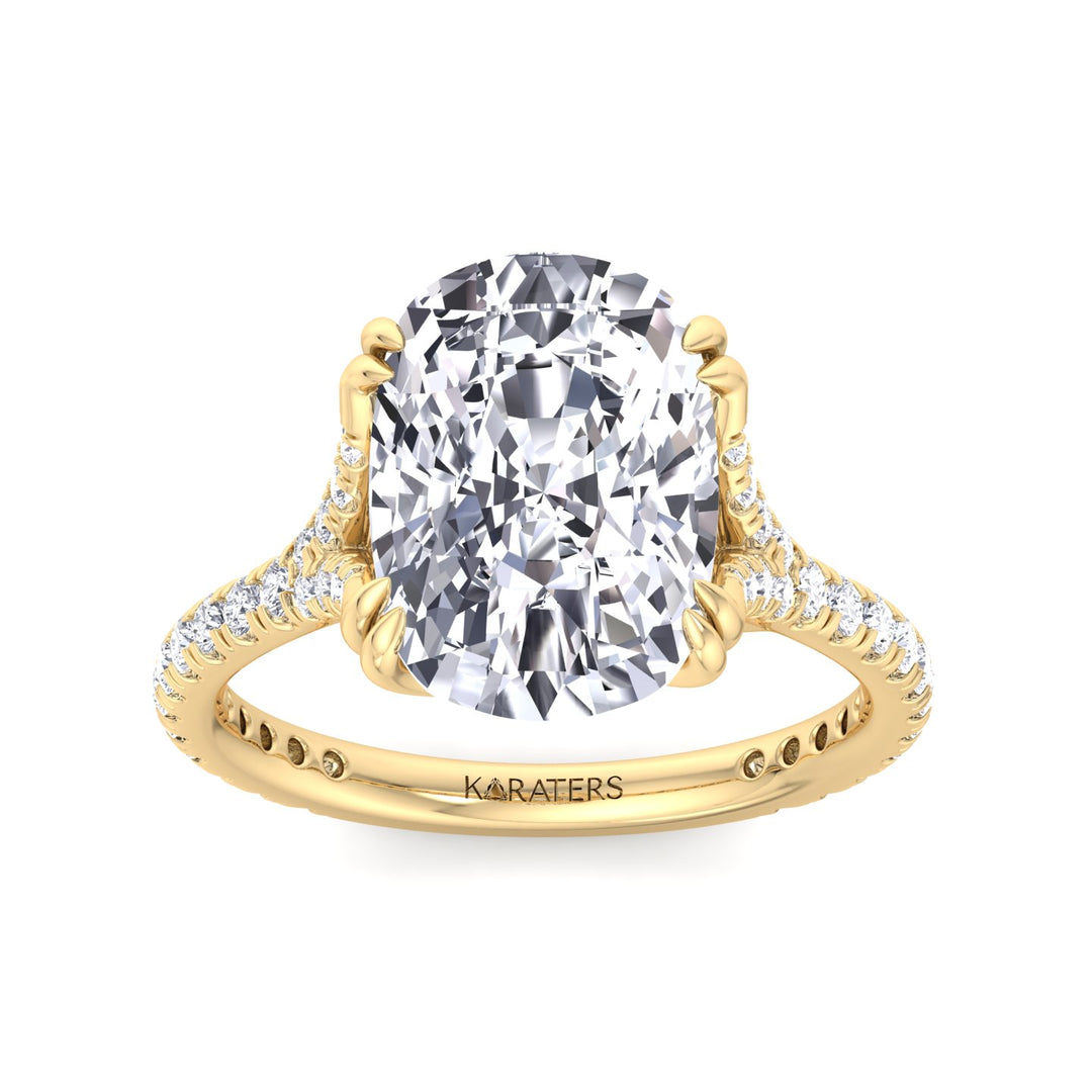 Elongated Cushion Lab Diamond Yellow Gold Ring Double Claw. ront, Top Down