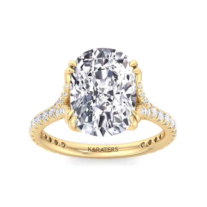 Elongated Cushion Lab Diamond Yellow Gold Ring Double Claw. ront, Top Down