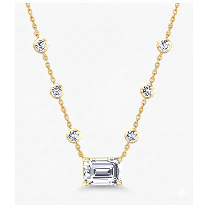 Diamond Station Necklace with Emerald Shape Center Stone