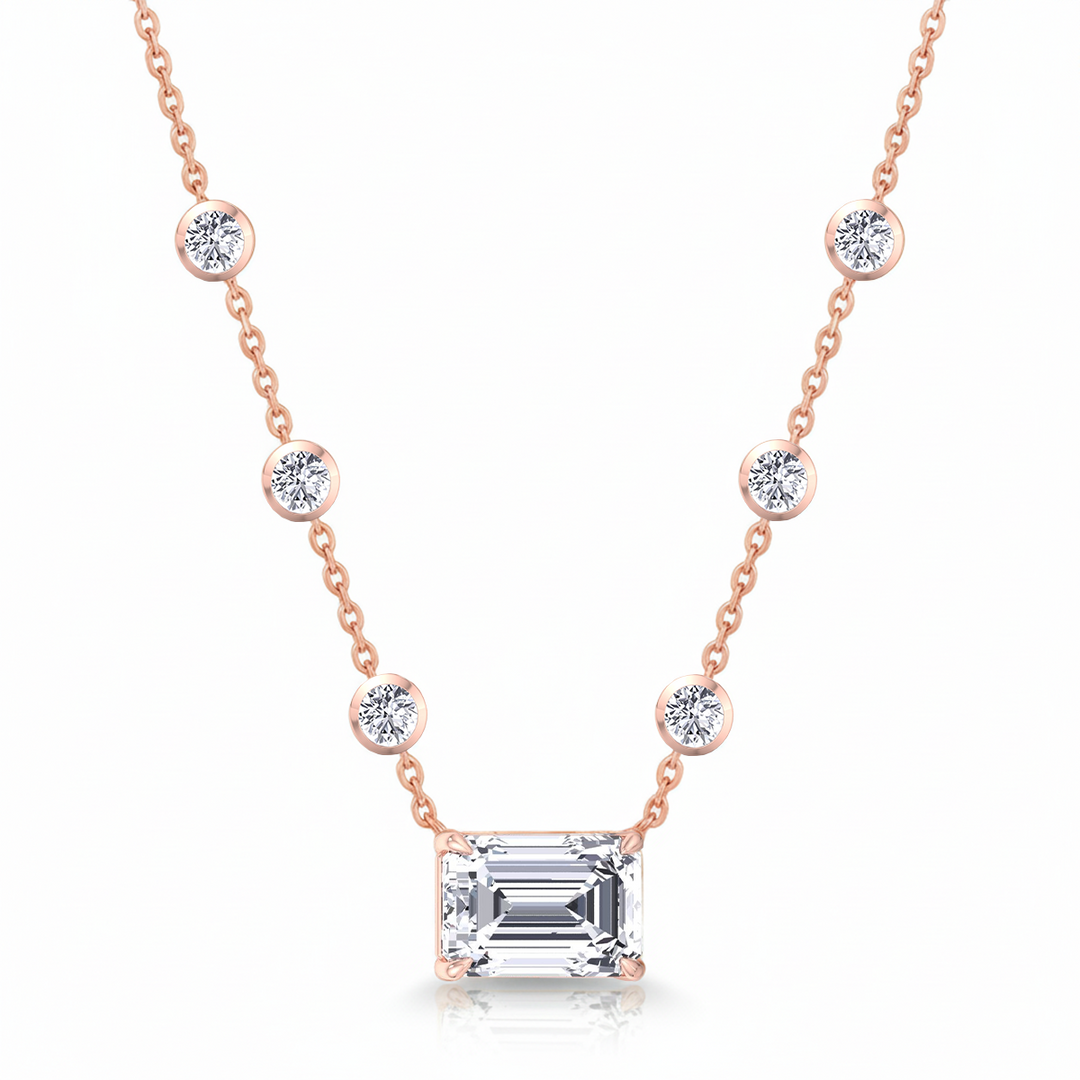 Diamond Station Necklace with Emerald Shape Center Stone